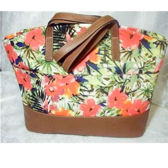 CROFT & BARROW DOMED BROWN & TROPICAL ORANGE PINK FLORAL
TOTE HANDBAG PURSE - Picture 1 of 7